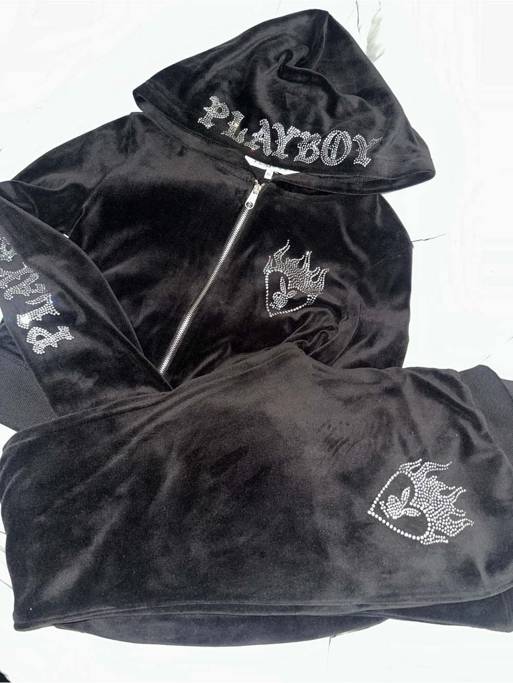 PLAYBOY Black Velour Hoodie Jacket with rhinestone Details